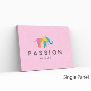 May include: A pink canvas wall art print featuring a colorful geometric elephant design with the text "PASSION WALLART" below.