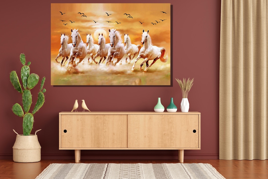 Running Horses Canvas Wall Art, Seven White Horses Painting Artistic ...