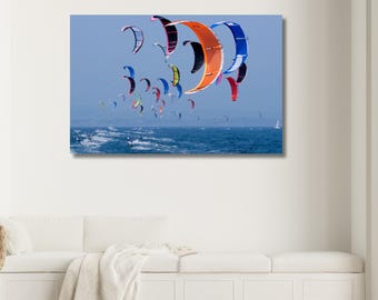 Colorful Kite Surfing Canvas Print|Beach and Surf Poster|Watersport Print