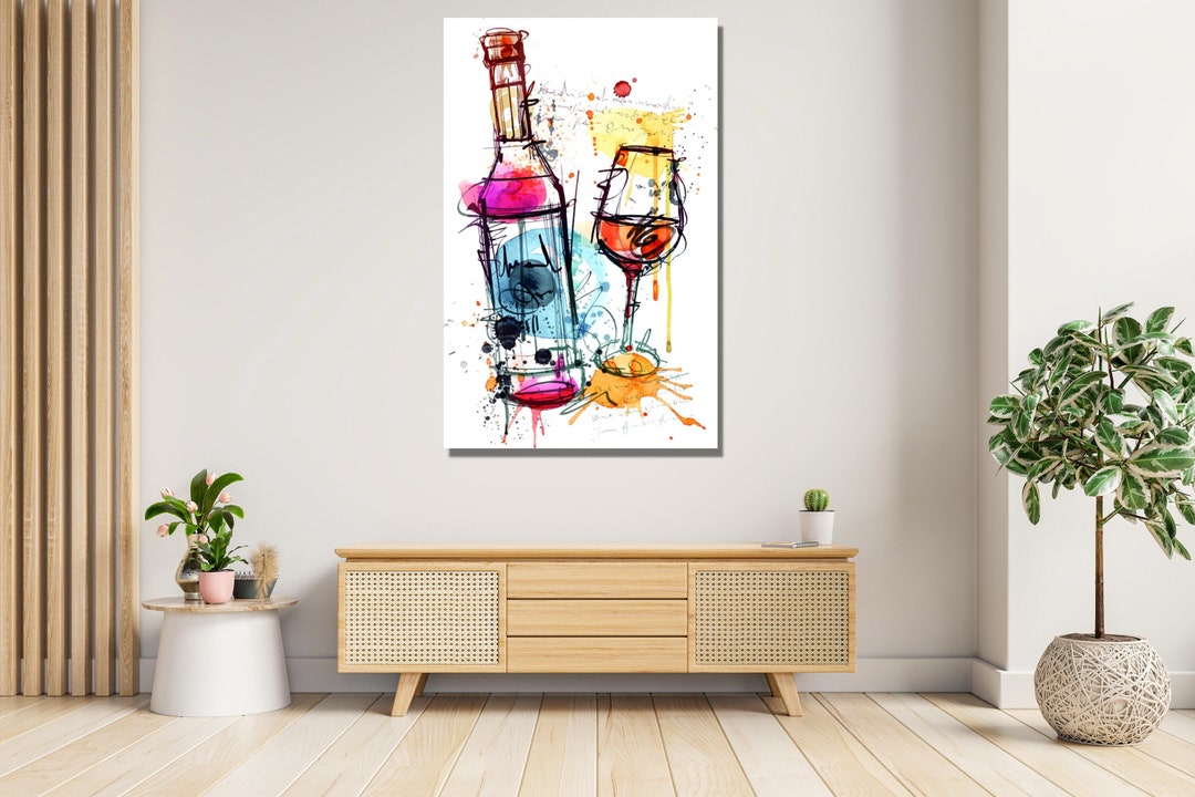 Bottle of Wine and Glass,dining Room Decor,alcholic Gift,wine Cellar ...