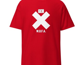 May include: Red t-shirt with a white X and the text "GEN" above the X and "W.D.F.A." below the X.