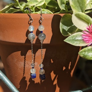 Labradorite, lapis lazuli & crystal quartz drop earrings (0059E1)