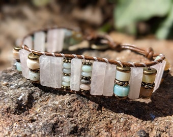 Wikkelarmband rozenkwarts en amazoniet (0033B)