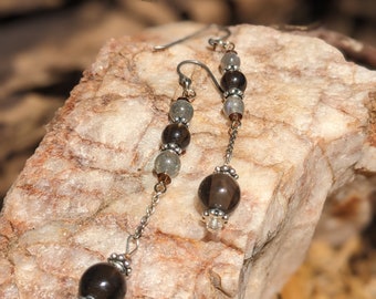 Smoky quartz, labradorite & crystal quartz drop earrings (0063E)