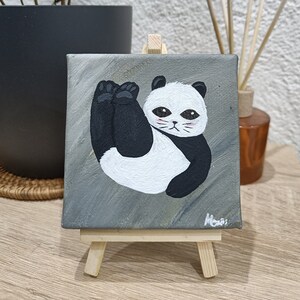 Catpanda | Small Acrylic Painting with Easel | Canvas 10 x 10 cm | Grey, White Black | Cat-faced panda