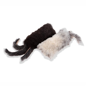 May include: Two rectangular pet toys made of fluffy, long-pile faux fur. One toy is solid dark brown with three thin, dangling fabric strips attached to one end. The second toy is a mottled mix of cream, light gray, and dark gray fur.