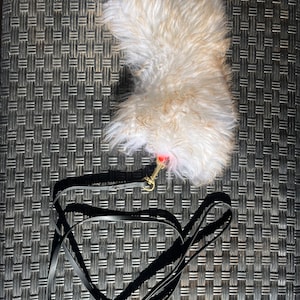 Pu&ograve; includere: Un giocattolo per cani in pelle di pecora bianca e soffice con un guinzaglio in pelle nera attaccato.