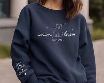 Custom Mama Bear Sweatshirt, Mama Est with Kid Name on Sleeve Sweatshirt, Personalized Mom Sweatshirt, Custom Christmas Sweatshirt, New Mom