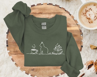 Coffee Cats And Books Lover Sweatshirt, Cat Owner Hoodie, Bookworm Shirt, Book Lover Gift, Pet Mom, Reading Sweatshirt, Cat Mom Gift