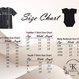 Peut inclure: Graphique de tableau des tailles avec mesures pour t-shirts unisexes, t-shirts pour tout-petits, t-shirts pour jeunes et bodies pour b&eacute;b&eacute;s. Le tableau comprend la taille, la largeur et la longueur en centim&egrave;tres. Un t-shirt noir et un body noir sont &eacute;galement pr&eacute;sent&eacute;s.