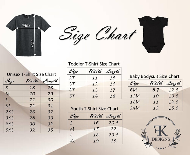 Peut inclure: Graphique de tableau des tailles avec mesures pour t-shirts unisexes, t-shirts pour tout-petits, t-shirts pour jeunes et bodies pour b&eacute;b&eacute;s. Le tableau comprend la taille, la largeur et la longueur en centim&egrave;tres. Un t-shirt noir et un body noir sont &eacute;galement pr&eacute;sent&eacute;s.