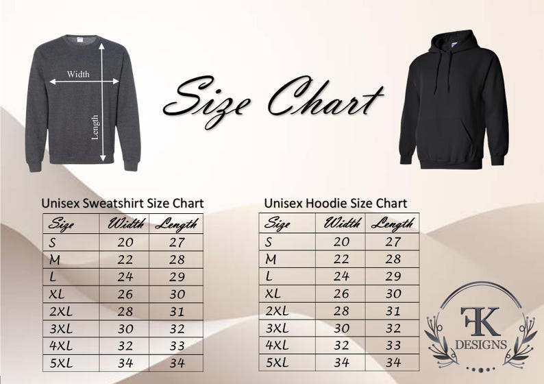 Peut inclure: Un tableau des tailles pour les sweatshirts et les sweats &agrave; capuche unisexes. Le tableau comprend les mesures des tailles S &agrave; 5XL, avec la largeur et la longueur en centim&egrave;tres. Un sweat-shirt gris fonc&eacute; et un sweat &agrave; capuche noir sont pr&eacute;sent&eacute;s.