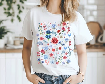 USA Shirt, Womens 4th of July Shirt, Red White and Blue, Flower Fourth of July Shirt, USA Graphic Tee, Trendy 4th of July, Patriotic Shirt
