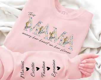 Custom This Mama Wears Her Heart On Her Sleeve Hoodie, Personalized Mom Sweatshirt With Kids Names, Cute Momma Outfit, Mothers Day Gifts