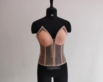 Corset Handmade Tulle  Top Bridal Lingerie, Cupped Mesh Transparent Bustier Pink color