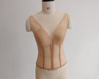 Corset Handmade Tulle  Top Bridal Lingerie, Cupped Mesh Transparent Bustier Beige color