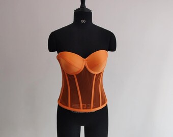 Corset Handmade Tulle  Top Bridal Lingerie, Cupped Mesh Transparent Bustier Orange color