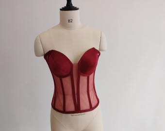 Corset Handmade Tulle  Top Bridal Lingerie, Cupped Mesh Transparent Bustier Bordo red color