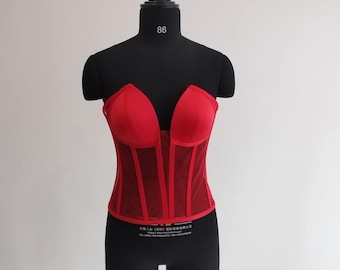 Corset Handmade Tulle  Top Bridal Lingerie, Cupped Mesh Transparent Bustier Red color