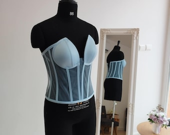 Corset Handmade Tulle  Top Bridal Lingerie, Cupped Mesh Transparent Bustier Blue color