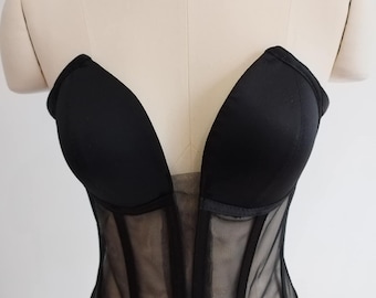 Corset Handmade Tulle  Top Bridal Lingerie, Cupped Mesh Transparent Bustier Black color