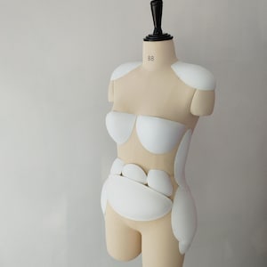 Puede incluir: Un maniquí beige con relleno blanco y una pieza de cuello negra. El maniquí tiene el número 88 impreso en el cuello. El maniquí está sobre un soporte negro y el fondo es una pared blanca lisa.