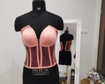 Corset Handmade Tulle  Top Bridal Lingerie, Cupped Mesh Transparent Bustier Pink color