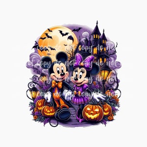 May include: Mickey Mouse and Minnie Mouse dressed in Halloween costumes walking down a path with a haunted house in the background. They are holding jack-o'-lanterns and there is a full moon in the sky.