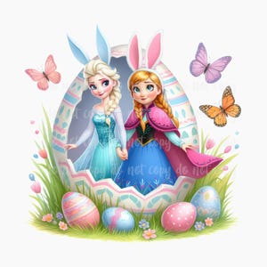 May include: An Easter-themed illustration featuring two cartoon princesses wearing bunny ears, inside a decorated egg. Butterflies and colorful Easter eggs surround them, set against a white background. The princesses are dressed in blue and pink gowns.