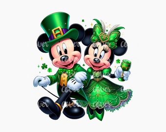 Könnte beinhalten: Mickey Mouse und Minnie Mouse in grünen und goldenen St. Patrick's Day-Outfits. Mickey trägt einen grünen Hut und hält ein Kleeblatt. Minnie trägt ein grünes Kleid und hält ein Glas mit grüner Flüssigkeit.