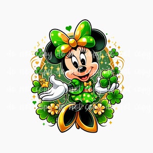 May include: A cartoon illustration of Minnie Mouse dressed in a green and gold St. Patrick's Day outfit. She is holding a four-leaf clover and surrounded by shamrocks.