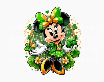 May include: A cartoon illustration of Minnie Mouse dressed in a green and gold St. Patrick's Day outfit. She is holding a four-leaf clover and surrounded by shamrocks.