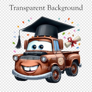 Puede incluir: Ilustraci&oacute;n de dibujos animados de una camioneta marr&oacute;n con un birrete negro. El cami&oacute;n tiene ojos azules grandes y una amplia sonrisa. Un diploma enrollado con una cinta roja est&aacute; al lado del cami&oacute;n. Confeti colorido rodea el cami&oacute;n.