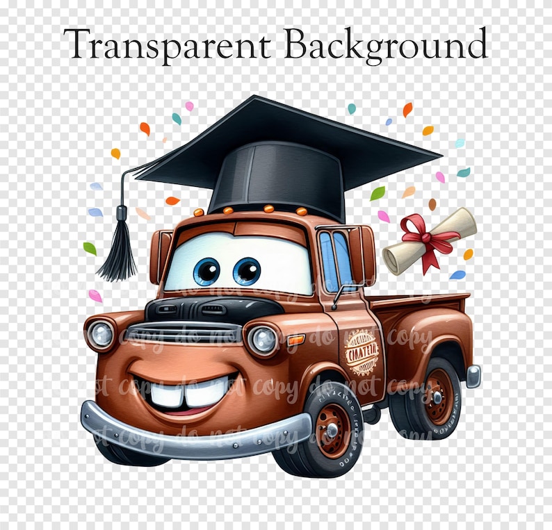 Puede incluir: Ilustraci&oacute;n de dibujos animados de una camioneta marr&oacute;n con un birrete negro. El cami&oacute;n tiene ojos azules grandes y una amplia sonrisa. Un diploma enrollado con una cinta roja est&aacute; al lado del cami&oacute;n. Confeti colorido rodea el cami&oacute;n.