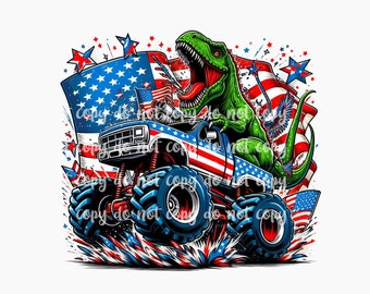 May include: A green dinosaur monster truck with red, white and blue American flag designs. The truck is driving through a cloud of red, white and blue sparks.