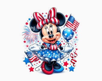 May include: A cartoon illustration of Minnie Mouse wearing a red, white and blue dress and holding a balloon and a small American flag. The background features red, white and blue stars and fireworks.