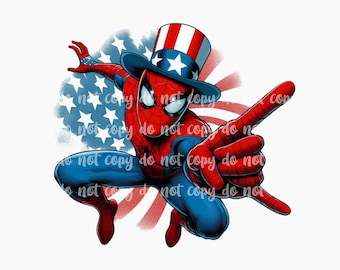 May include: A red and blue superhero wearing a red, white and blue Uncle Sam hat, with a red, white and blue American flag background.