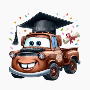 Puede incluir: Ilustraci&oacute;n de dibujos animados de una camioneta marr&oacute;n con una cara sonriente, con un birrete negro. El cami&oacute;n tiene ojos azules y un diploma con una cinta roja. Confeti colorido rodea el cami&oacute;n.