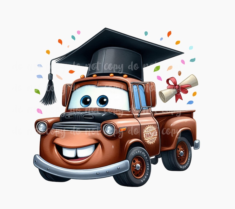 Puede incluir: Ilustraci&oacute;n de dibujos animados de una camioneta marr&oacute;n con una cara sonriente, con un birrete negro. El cami&oacute;n tiene ojos azules y un diploma con una cinta roja. Confeti colorido rodea el cami&oacute;n.