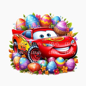 Pode incluir: Um carro de corrida vermelho de desenho animado com um rosto sorridente cercado por ovos de Páscoa coloridos e flores.