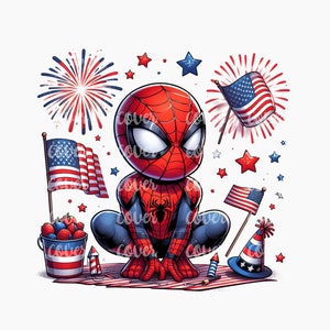 May include: A cartoon illustration of Spider-Man in a red and blue suit sitting on a red, white and blue blanket with fireworks, stars, and American flags in the background.