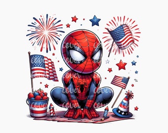 May include: A cartoon illustration of Spider-Man in a red and blue suit sitting on a red, white and blue blanket with fireworks, stars, and American flags in the background.