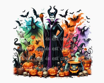 May include: A colorful Halloween scene with Maleficent from Disney's Sleeping Beauty. She is standing in front of a cauldron with a green liquid and surrounded by pumpkins, bats, ghosts, and other Halloween characters.