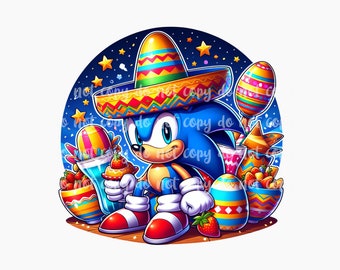 May include: Sonic the Hedgehog wearing a colorful sombrero and holding a margarita glass with a strawberry. He is surrounded by festive Mexican-themed decorations, including a piñata, maracas, and a bowl of fruit.