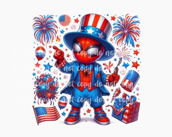 May include: A cartoon illustration of Spider-Man dressed in a red, white and blue patriotic outfit, wearing a top hat and holding a sparkler. He is surrounded by fireworks, stars and balloons.
