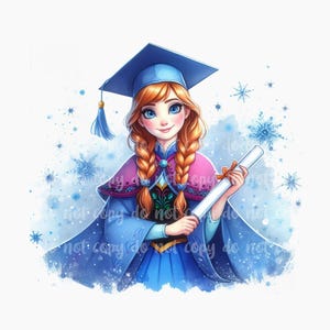 Puede incluir: Una ilustración de dibujos animados de una joven con el pelo largo y rojo que lleva una gorra y una bata de graduación azules. Ella sostiene un diploma en su mano derecha y sonríe. El fondo es una acuarela azul y blanca con copos de nieve.