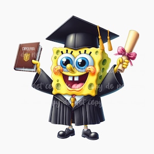 May include: A cartoon image of SpongeBob SquarePants in a graduation cap and gown, holding a diploma and a rolled-up certificate tied with a pink ribbon. The diploma reads "Diploma". The character is smiling with his mouth open.