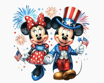 Könnte beinhalten: Illustration von Mickey und Minnie Mouse, die den Unabhängigkeitstag feiern. Minnie trägt eine rote Schleife und ein Kleid mit Tupfen und hält eine kleine amerikanische Flagge. Mickey ist in einem patriotischen Outfit mit Zylinder gekleidet und hält eine Flagge. Feuerwerk und Sterne im Hintergrund.