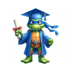 May include: A digital illustration of Leonardo, a Teenage Mutant Ninja Turtle, in a graduation cap and gown. The turtle is green with a blue mask, holding a diploma tied with a red ribbon. The graduation attire is blue.