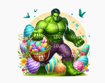 May include: The Incredible Hulk is holding a basket of colorful Easter eggs. He is wearing purple pants and green shoes. The basket is decorated with a Happy Easter sign. There are other Easter eggs in the background.